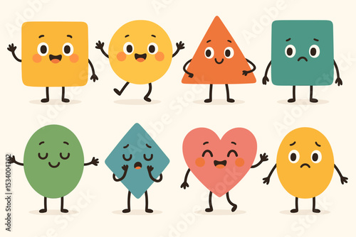 Set of cute kawaii geometric characters with various emotions. Funny cartoon basic shapes with faces showing different feelings. Happy, sad, joy. Mascot collection for kids.