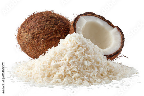 Heap of Grated Coconut with Whole and Halved Coconuts