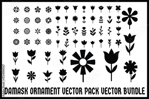 Damask Floral Ornament & Flower Silhouette Vector Bundle
