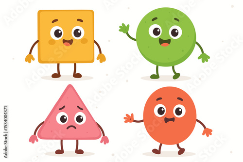 Set of cute geometric character mascots. Playful cartoon shapes with faces showing emotions like happy and sad. Educational vector elements for kids, preschool, and learning.