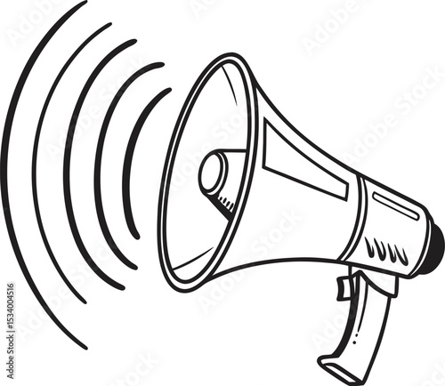 Minimalist Black and White Line Drawing of a Megaphone – Clean Vector Illustration Perfect for Announcements, Promotions, Marketing, and Communication Concepts