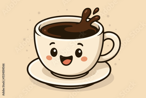 Cute kawaii coffee cup character with a happy smiling face. Cartoon mascot vector for cafe menu. Morning espresso drink splashing in a mug. Cheerful hot beverage concept.