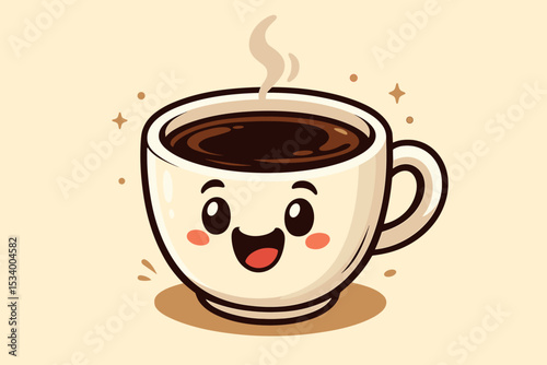Cute coffee cup character with a happy smiling face. Kawaii cartoon mascot illustration of a hot mug of coffee. Beverage for breakfast, cafe menu, or morning concept vector.