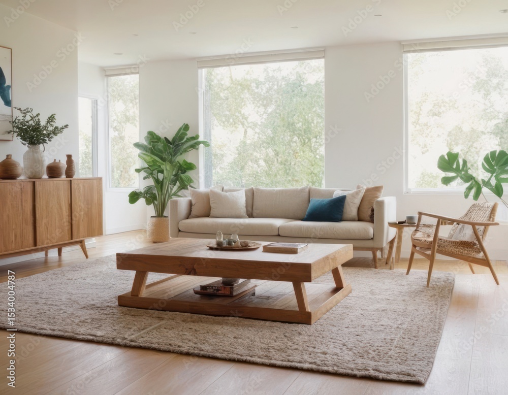 Fototapeta premium A serene living room with beige sofa, wooden coffee table, and natural light.