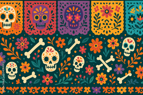 Dia de Muertos seamless pattern with colorful sugar skulls, flowers, bones, and papel picado banner. Mexican Day of the Dead holiday celebration background. Folk art vector.