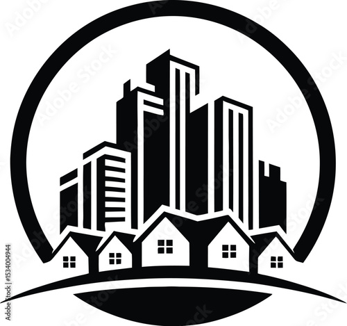 Black and white logo of city skyline with houses in front inside of a circle on a white background