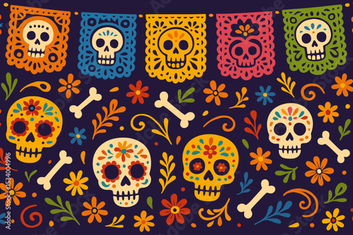 Dia de los Muertos seamless pattern. Mexican holiday celebration. Colorful background with sugar skulls, calavera, and papel picado. Vector Day of the Dead festival illustration.