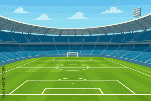 Empty soccer stadium with green field and blue sky. Football arena background for sport game, tournament, or championship. Vector illustration of a pitch with goal and tribunes.