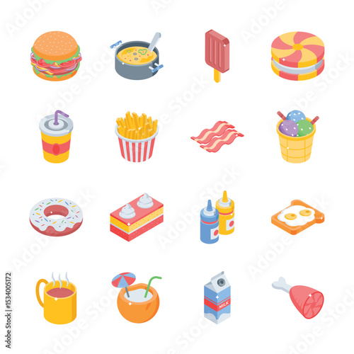 Have a look at this pack of fast food and beverages isometric icons