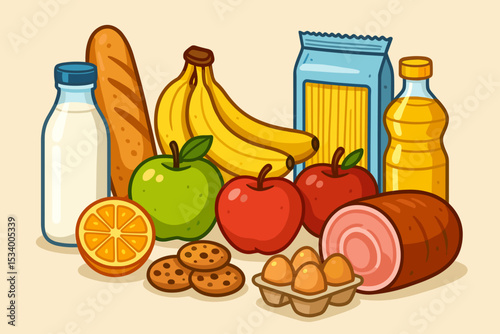 Food set cartoon illustration. Groceries and daily products collection with bread, milk, eggs, fruit, ham, pasta, oil, cookies. Supermarket shopping vector. Healthy eating concept.