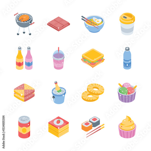 Have a look at this collection of food items and refreshing drinks isometric icons