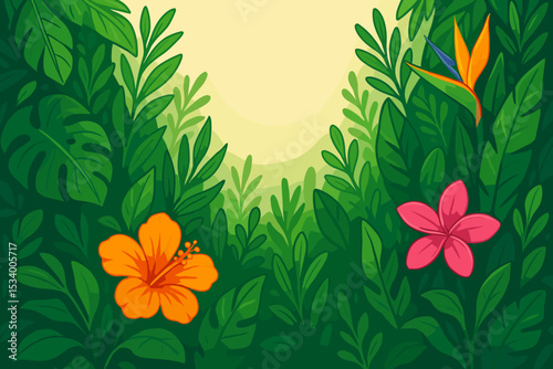 Tropical jungle frame with exotic flowers. Summer nature background illustration with monstera leaves, hibiscus, frangipani and bird of paradise flower. Botanical vector concept.