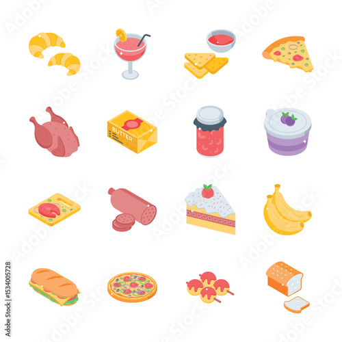 Handy pack of fast food and drinks isometric icons, easy to edit