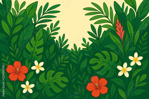 Tropical jungle background with exotic flowers and leaves. Vector illustration of a summer botanical frame with monstera, palm, hibiscus, and plumeria. Nature paradise banner.