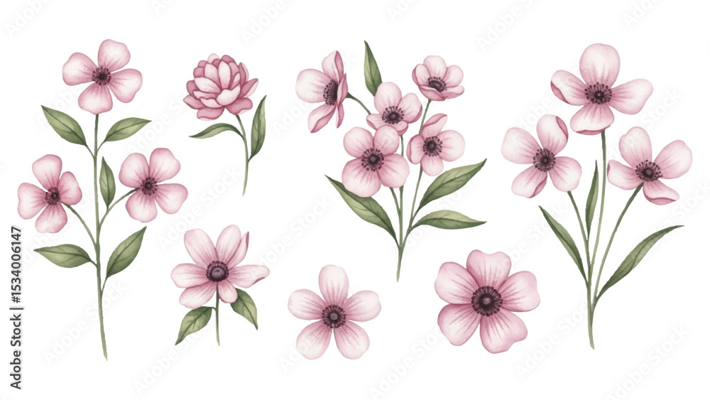 custom made wallpaper toronto digitalElegant Watercolor Pink Flowers Botanical Illustration Collection