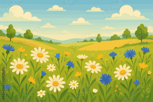 Summer meadow with blooming wildflowers, daisies, and cornflowers. Beautiful rural countryside landscape with green hills, trees, and sunny blue sky with clouds. Flat cartoon vector background.