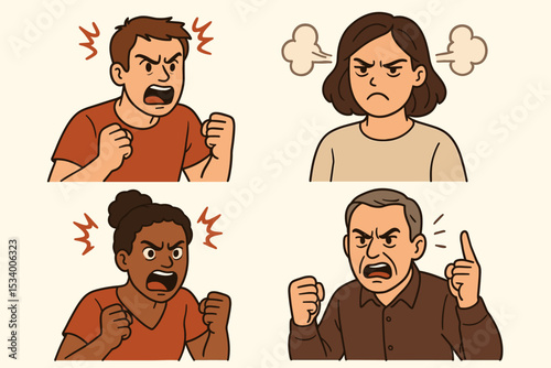 Collection of angry people with raging expressions. Diverse cartoon characters, men and women, shouting in fury. Vector set showing frustration, stress, and conflict. Negative emotions.