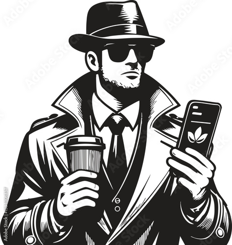 Man in Trench Coat Logo - Detective with Phone & Coffee

