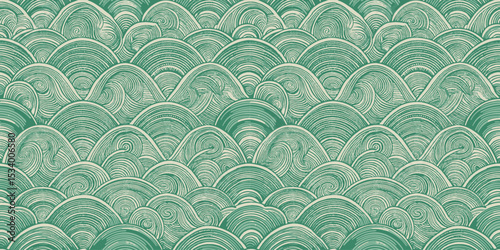 Abstract patterned waves in soothing teal and cream hues, creating a serene ambiance.