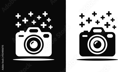 Two camera icons with plus signs above them on a split black and white background are displayed here