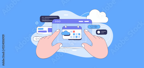 hands interacting with online calendar app on screen, vector illustration for cloud-based saas application, digital planning and web interface management