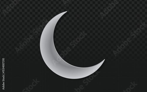 A luminous 3D crescent moon, rendered in pristine silver-white with subtle shadows, appears to float against a dark, transparent background. It evokes a sense of calm, celestial beauty and ethereal li