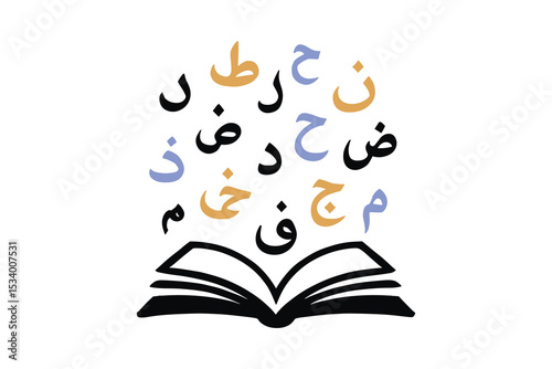 Flat vector design of Arabic letters floating from an open book.