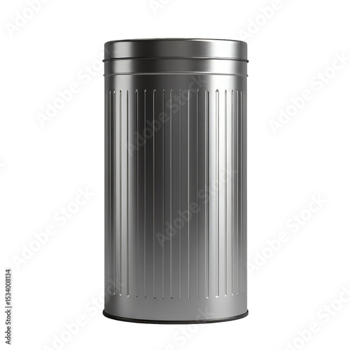Silver Cylinder Trash Can with Transparent Background, Sleek Digital Asset