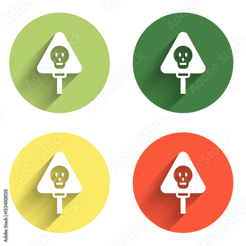 Set Bones and skull as a sign of toxicity warning icon isolated with long shadow background. Color circle button. Vector