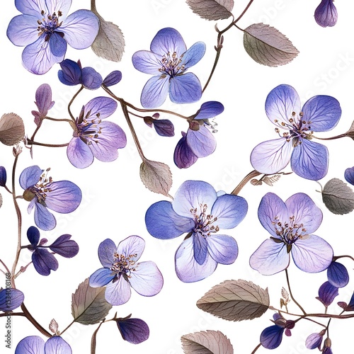 Delicate purple flowers and leaves in a seamless pattern.