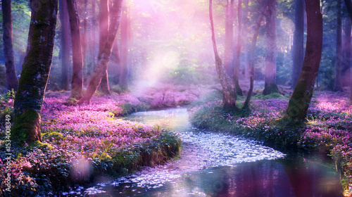 Bajkowy las z małym różowym strumieniem i światłami tańczącymi w promieniach słońca; piękna mgła; artystyczne zdjęcie świata fantasy photo
