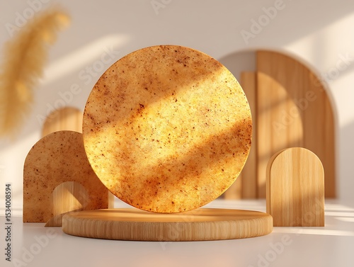 Minimalist still life composition featuring natural wood and stone textures on geometric shapes with soft natural light. photo