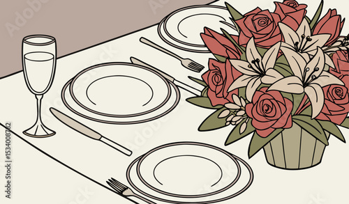 close up of wedding reception table setting with flower arrangements