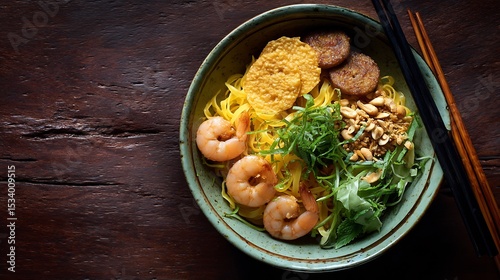 Vietnamese mi quang turmeric noodles shrimp pork rice crackers and peanuts traditional ceramic bowl top down view photo