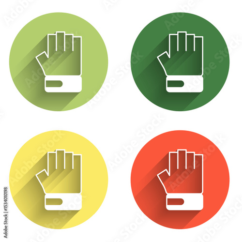 Set MMA glove icon isolated with long shadow background. Sports accessory fighters. Warrior gloves. Color circle button. Vector