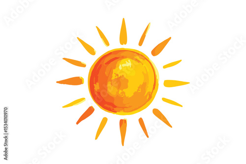 Hand drawn orange sun vector illustration with bright sun rays.