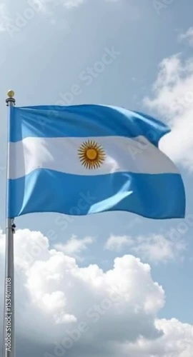 Argentinian flag waving proudly against a backdrop of a partly cloudy bright blue sky Generative AI