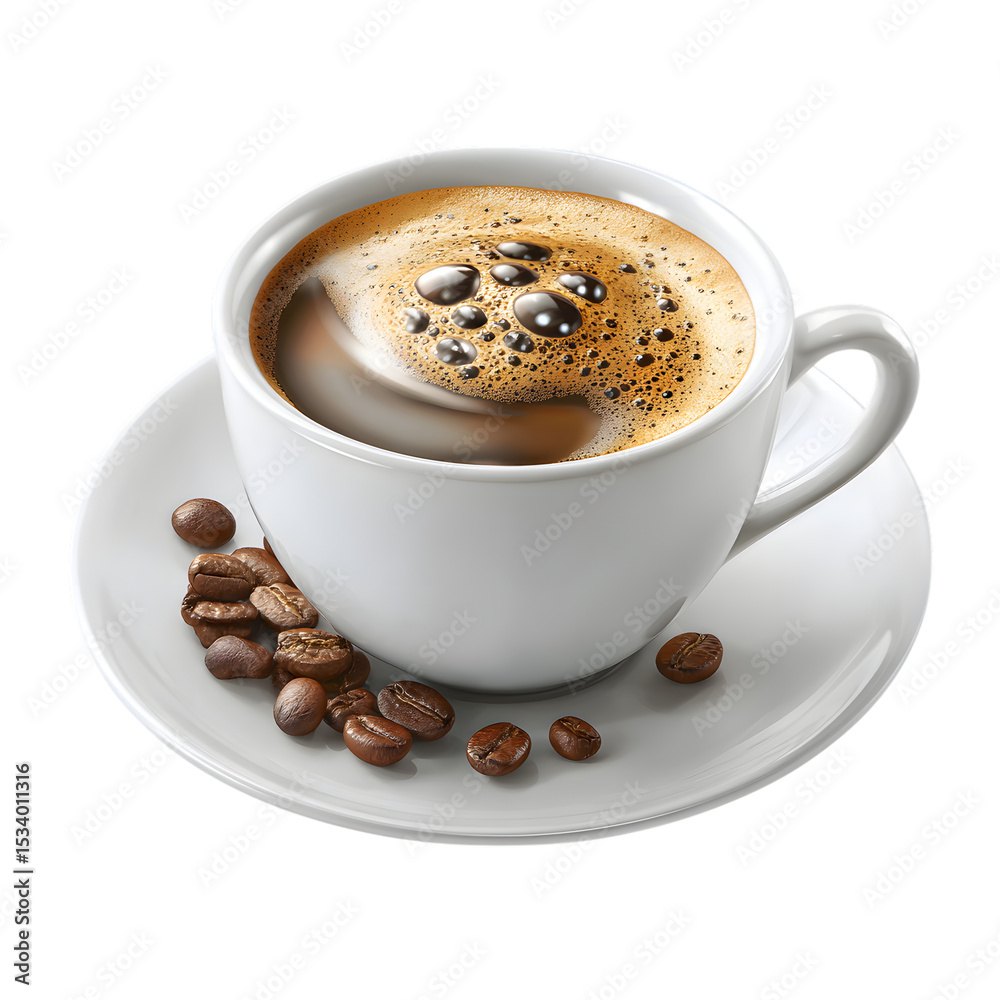 Fototapeta premium Aromatic coffee cup on saucer with roasted coffee beans and espresso beverage with froth closeup