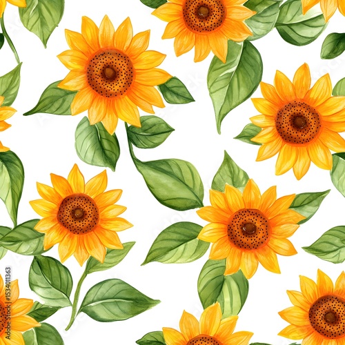Watercolor sunflower floral pattern on a white background.