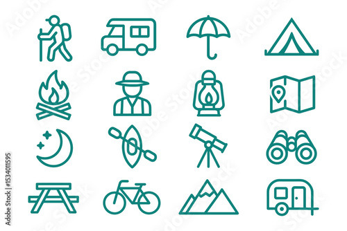Outdoors Adventure Icons Set: Exploring Nature, Hiking, Camping, and Recreational Travel Activities
