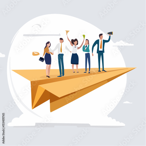 A diverse team of business professionals stands on a paper airplane, symbolizing teamwork, vision, and successful business ventures against a cloudy background.