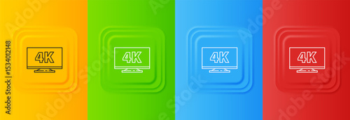 White Screen tv with 4k Ultra HD video technology icon isolated on colorful background. Set icons in square buttons. Vector