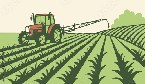 Modern tractor spraying crops in vast farm field.