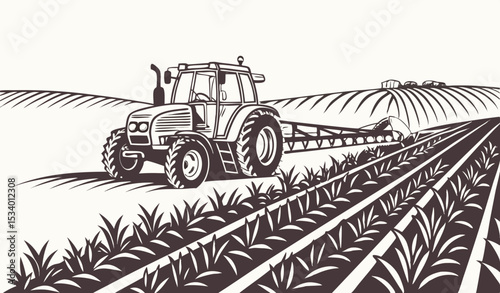 Modern tractor spraying crops in vast farm field.