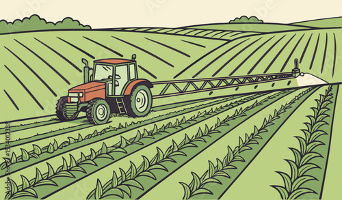 Modern tractor spraying crops in vast farm field.