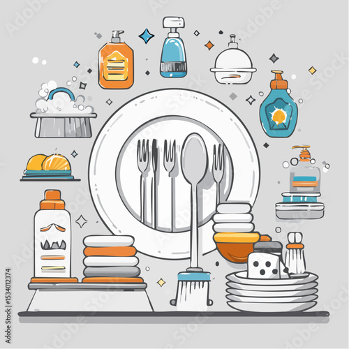 An illustrated vector graphic depicting various dishwashing items and cleaning supplies arranged around a central plate, showcasing household chores.