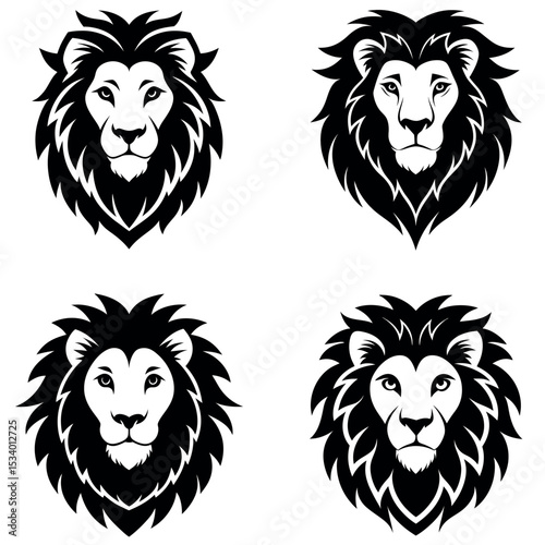Four Black and White Lion Head Designs with Variations in Mane and Facial Features