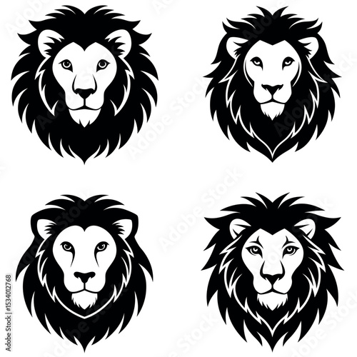 Four Distinctive Black and White Lion Head Illustrations with Varying Mane Styles on White