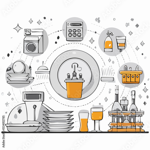 An illustrative depiction of kitchen appliances and tableware arranged in a circular composition with a central sink, emphasizing cleaning.