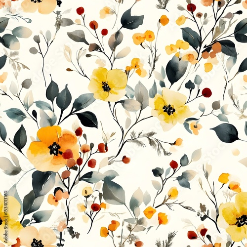 Watercolor floral pattern with yellow, orange, and burgundy flowers and leaves.